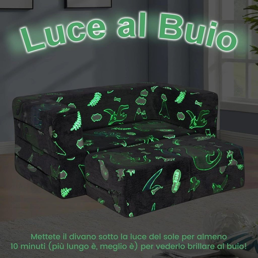 Divano Pieghevole 3 in 1 per Bambini Brilla al Buio, Poltrona Bambini con Rivestimento in Flanella Rimovibile e Lavabile, Pouf per Cameretta (Dinosauro Grigio)