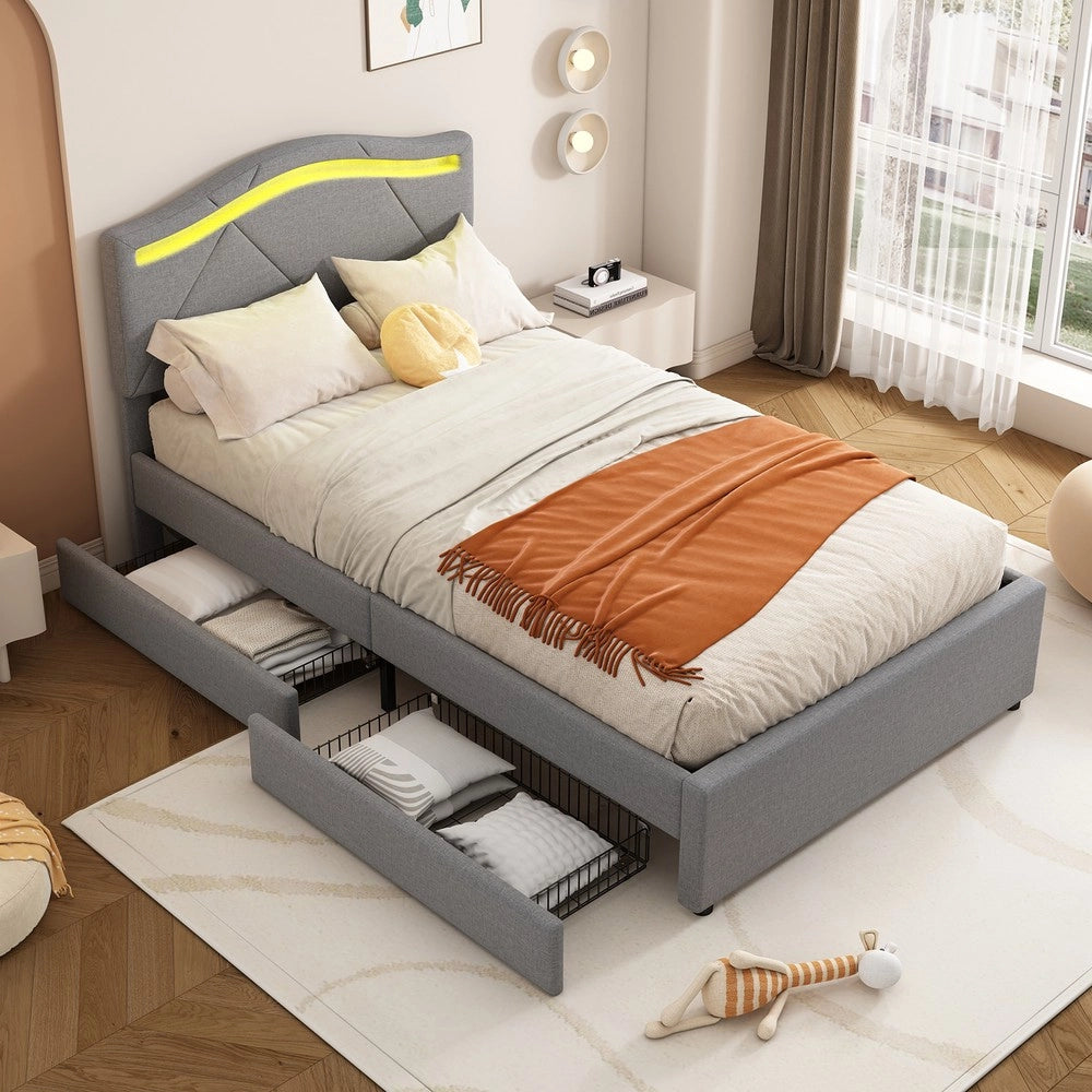 Letto Imbottito con LED e Cassetti ¨C MINIMAL ¨C Testiera Regolabile, Grigio, 90x200
