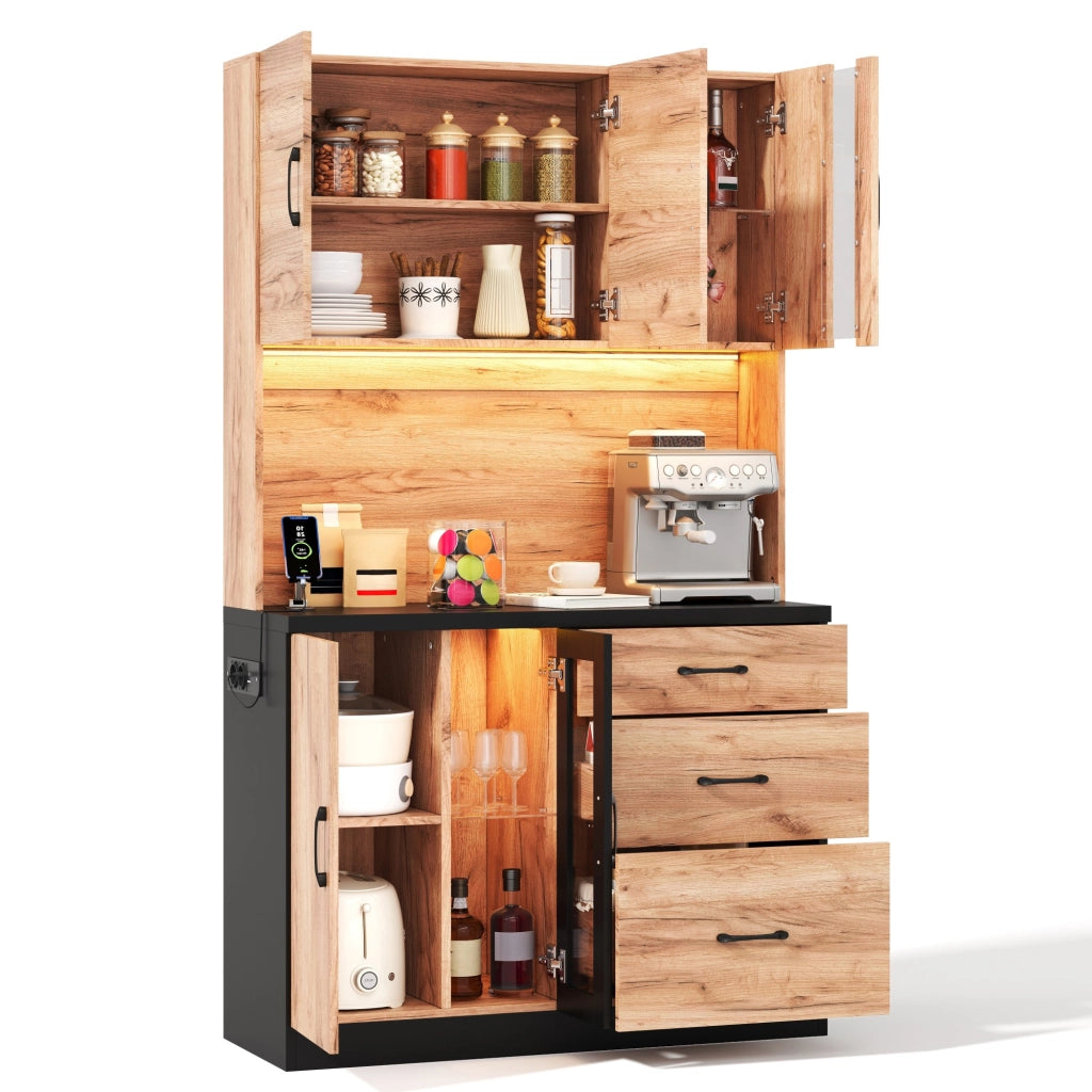 Pensile da Cucina con LED e Ripiani Regolabili ¨C Xylo ¨C Nero e Legno 105x40x180 cm