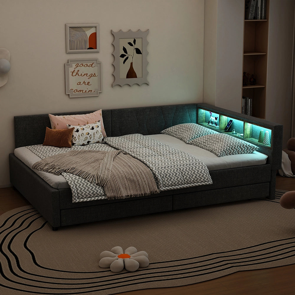 Daybed-Xylo-140x200 cm-LED, USB-C, 2 cassetti, lino grigio