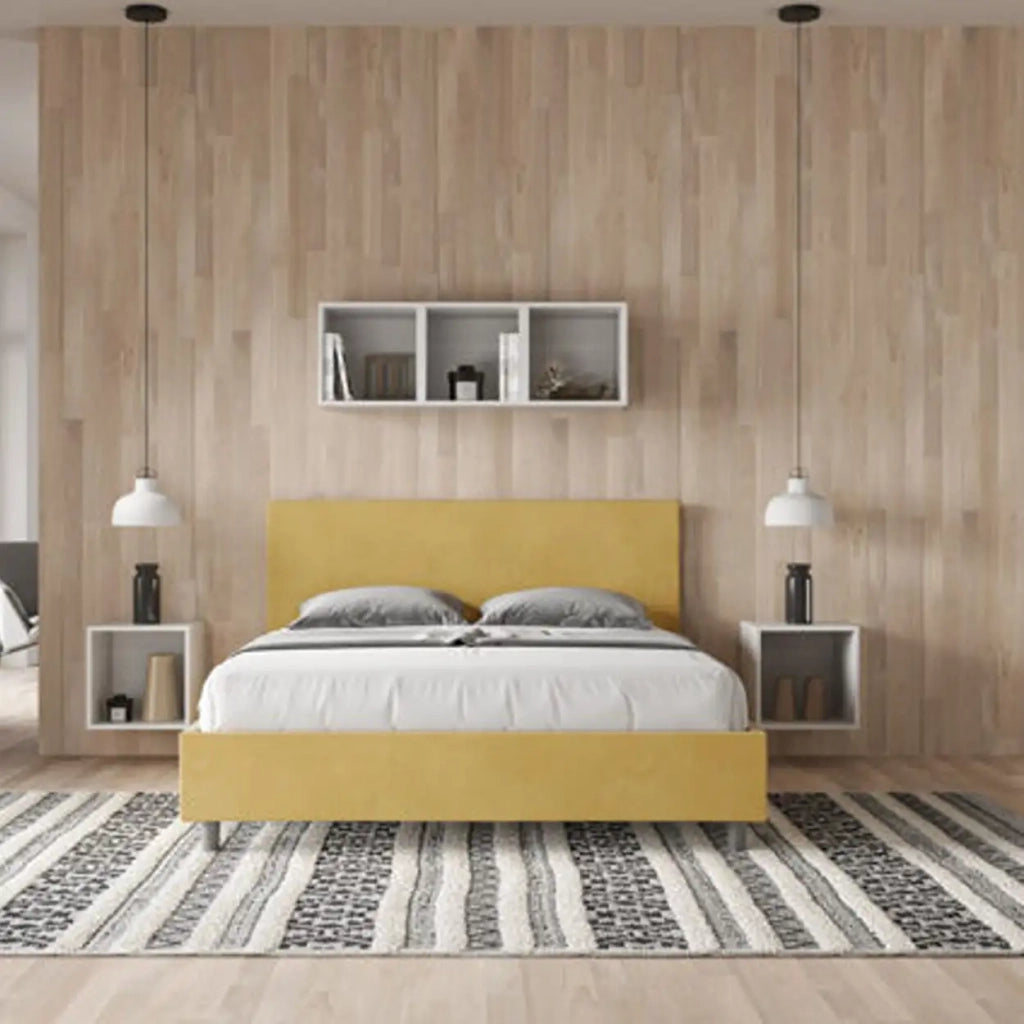Letto matrimoniale con rete imbottito 160x210 microfibra ocra Adele