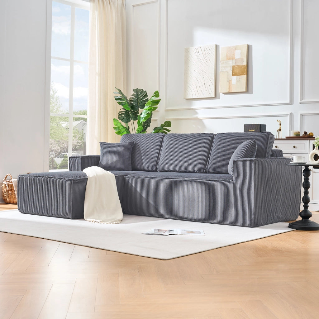Divano Angolare 2 Posti con Chaise Longue ¨C MINIMAL ¨C Tessuto a Coste, Grigio, Morbido