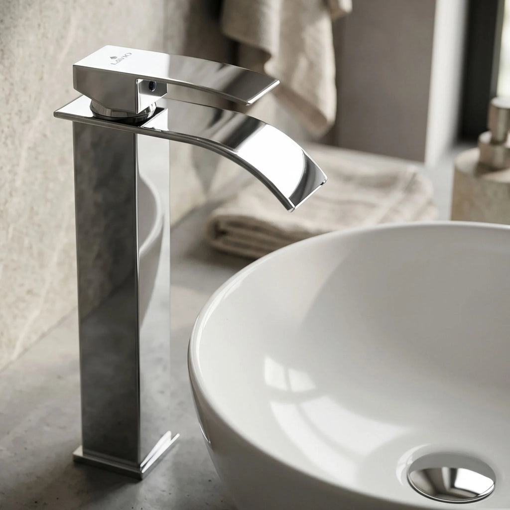 Rubinetto lavabo alto a cascata cromato da appoggio miscelatore bagno EVIO