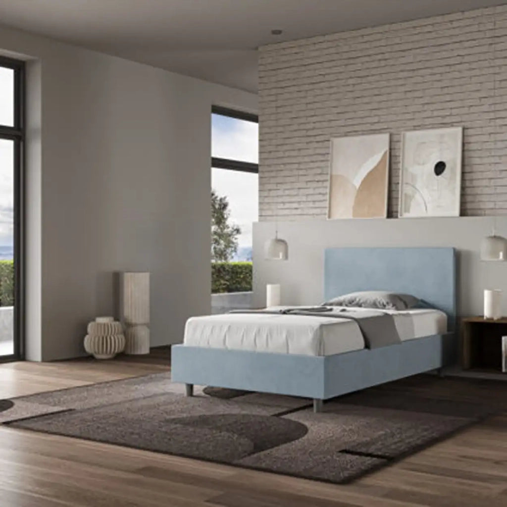 Letto una piazza e mezza con rete imbottito 120x190 microfibra azzurro Adele