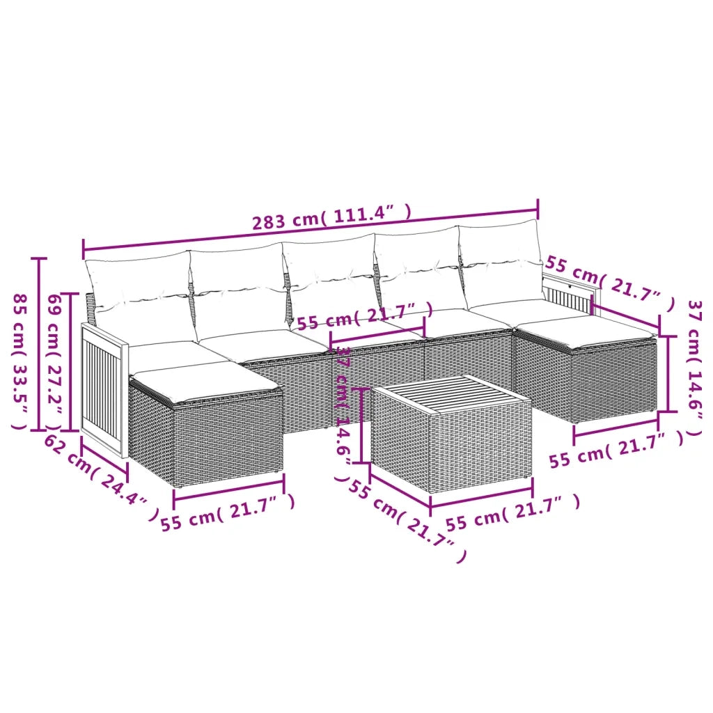 Set Divano da Giardino 8 pz con Cuscini Beige in Polyrattan