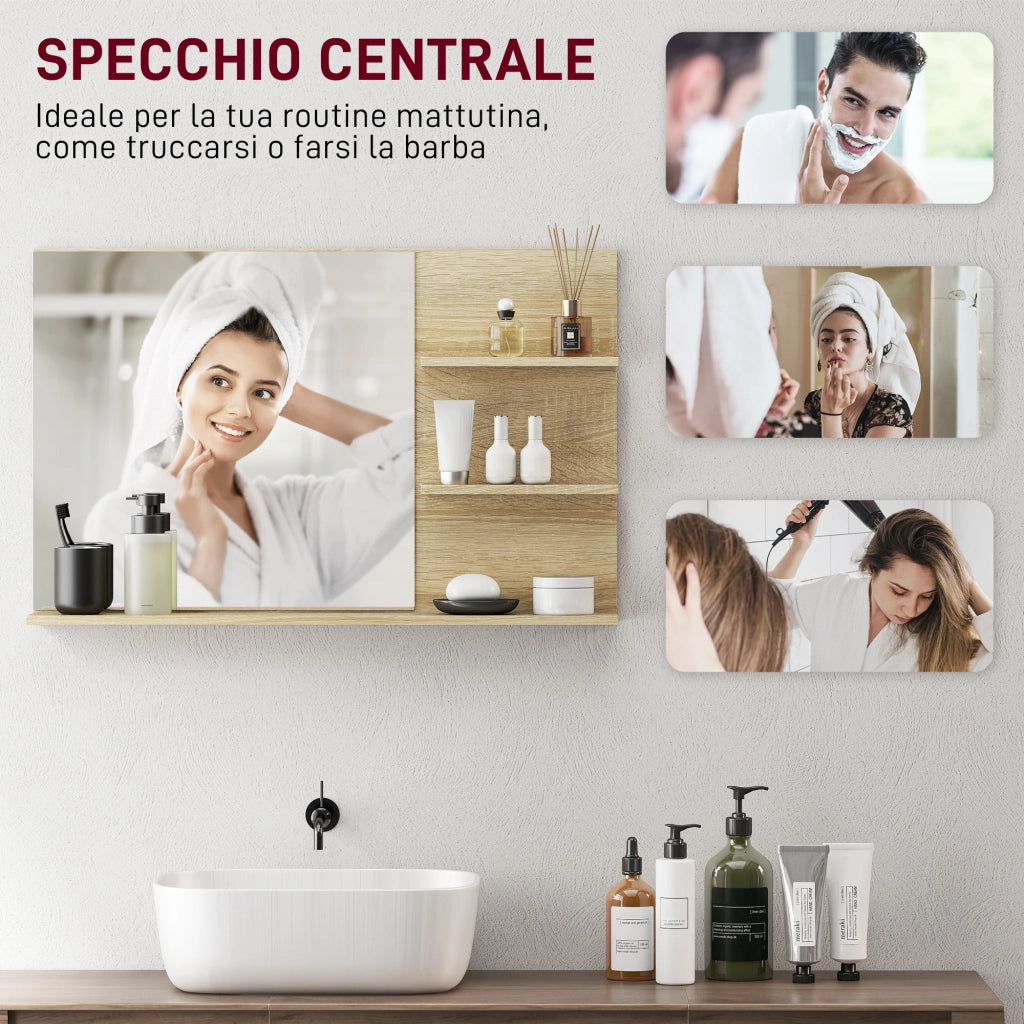 Specchio Bagno con Ripiani Laterali e Inferiore in Legno e Vetro ¨C Minimal ¨C 75x10x48 cm