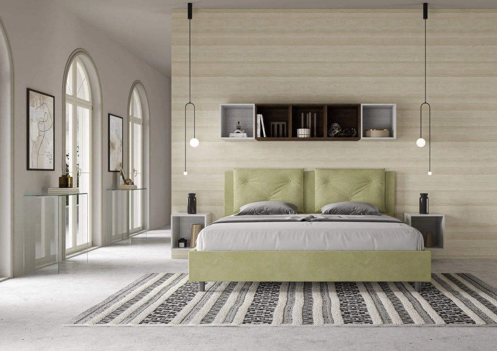 BS COM Letto matrimoniale king size contenitore imbottito 190x190 microfibra tè verde