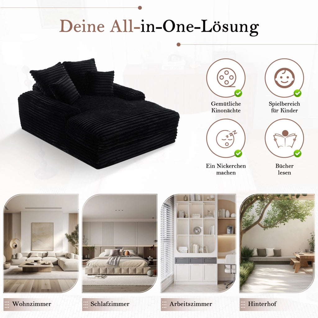 Méridiana in tessuto a coste con 4 cuscini sfoderabili e supporto ergonomico in schiuma nera 175 × 137 × 63 cm