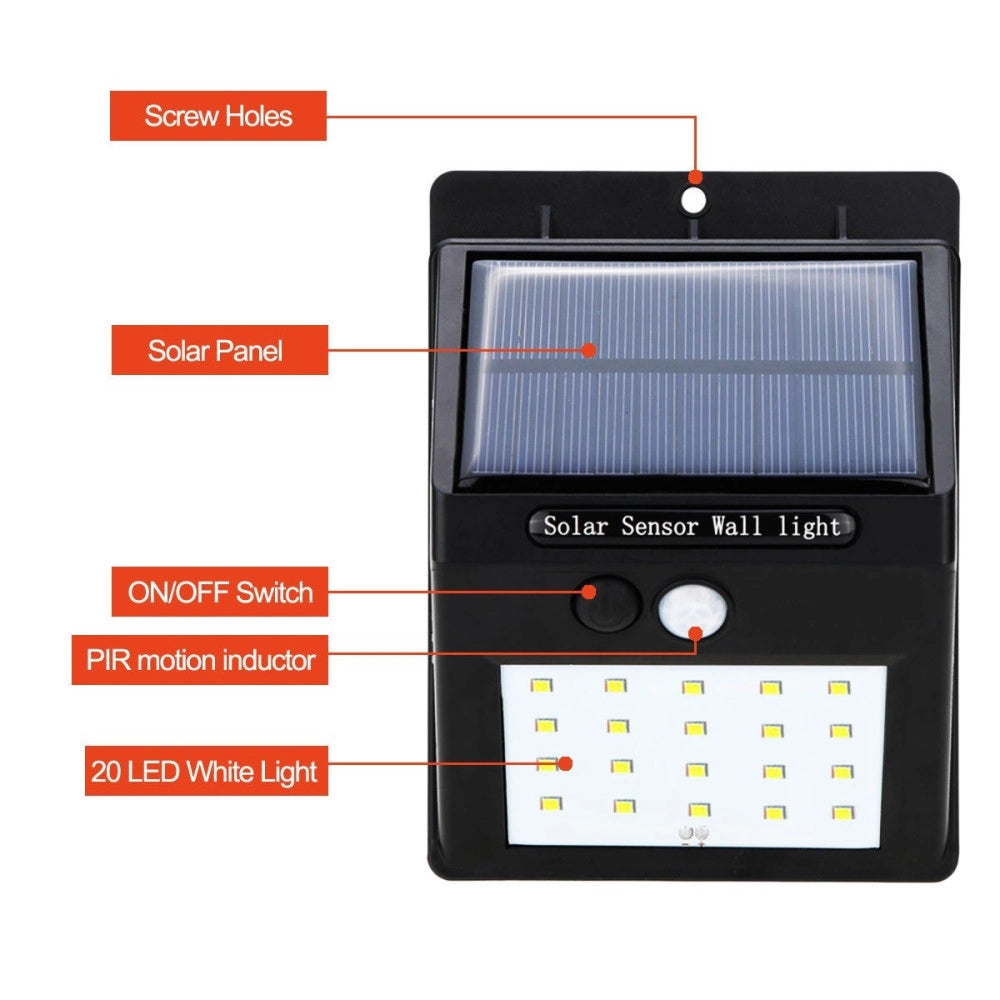 Trade Shop - Faro 20 Led Con Pannello Solare Ricaricabile E Sensore Di Movimento Per Esterno -