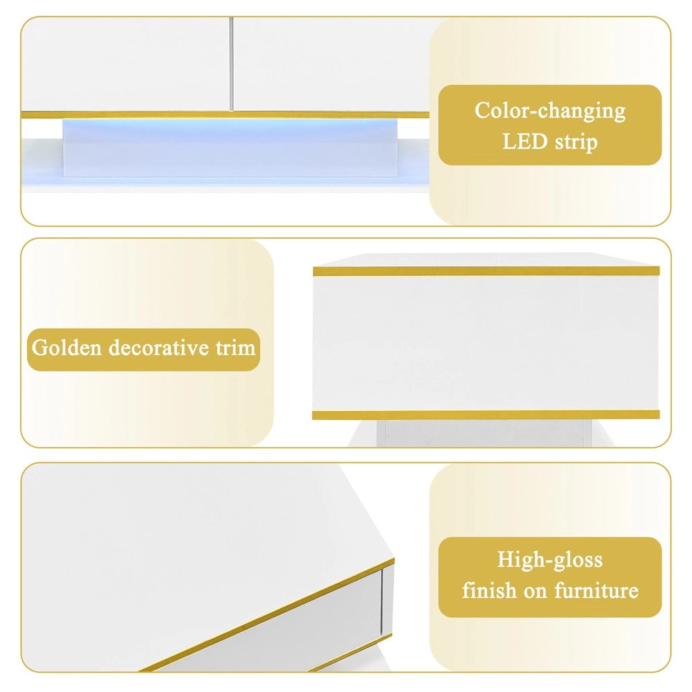 Tavolino da Caff¨¨ LED con Cassetti ¨C MINIMAL ¨C Lucido Oro, USB, 100 cm
