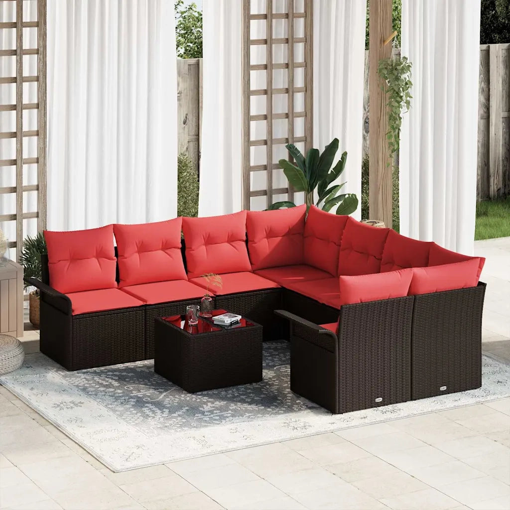 Set Divano da Giardino 9 pcs Marrone e Rosso polyrattan 3345304