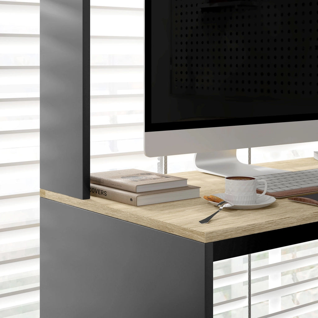 Scrivania con scaffali per computer ¨C Minimal ¨C Grigio e naturale 114x45x138 cm