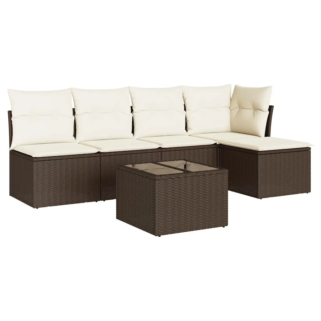 Set Divano da Giardino 6 pz | Set Salotto da Giardino con Cuscini Marrone in Polyrattan