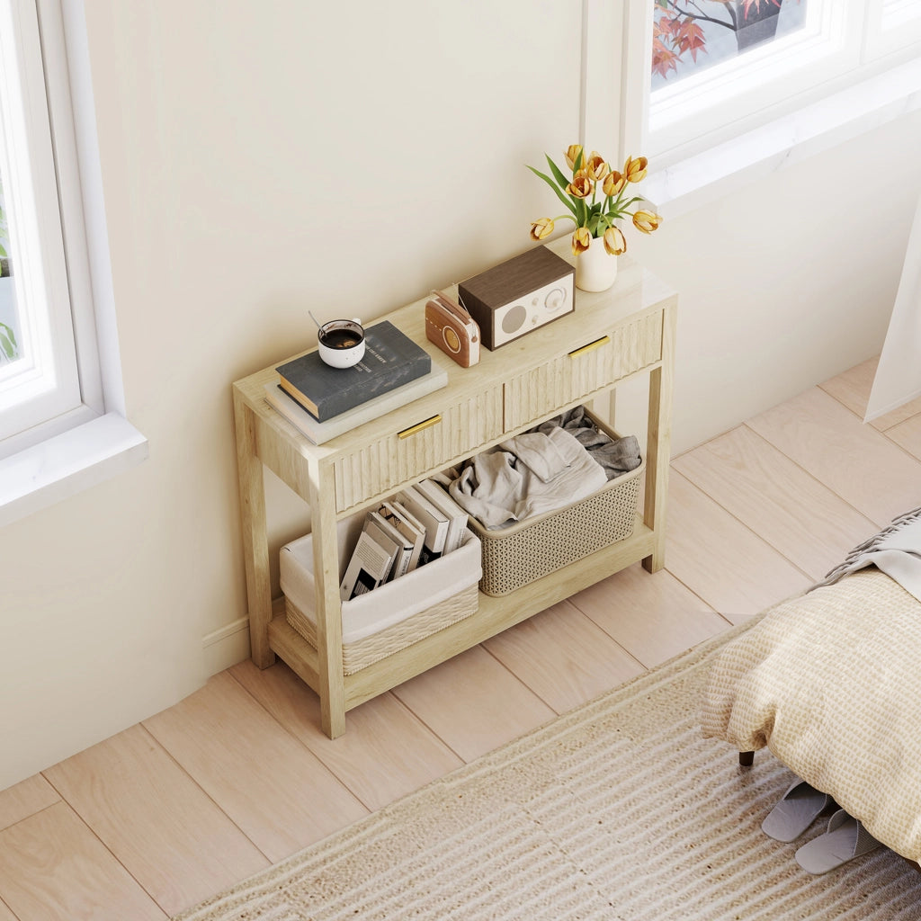 Console con 2 cassetti e ripiano ¨C zephmum ¨C legno naturale 90 cm