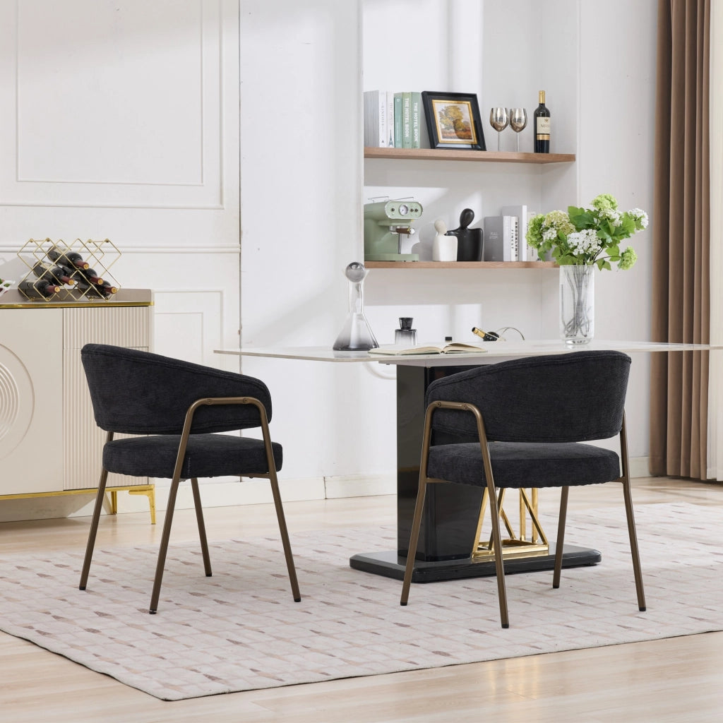 Sedia da Pranzo Imbottita con Braccioli ¨C Xylo ¨C Chenille Nero, Gambe Metallo Ottone