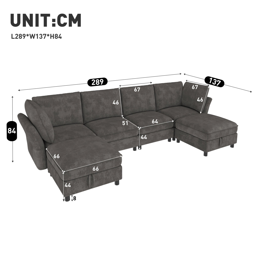 Divano angolare modulare a U 6-7 posti con contenitore e 2 pouf, in ciniglia grigio