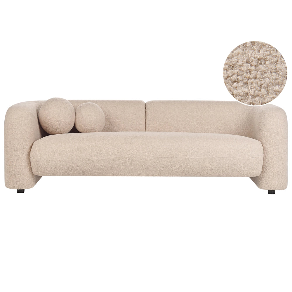 Divano a 3 posti in tessuto bouclè beige con cuscini aggiuntivi stile elegante