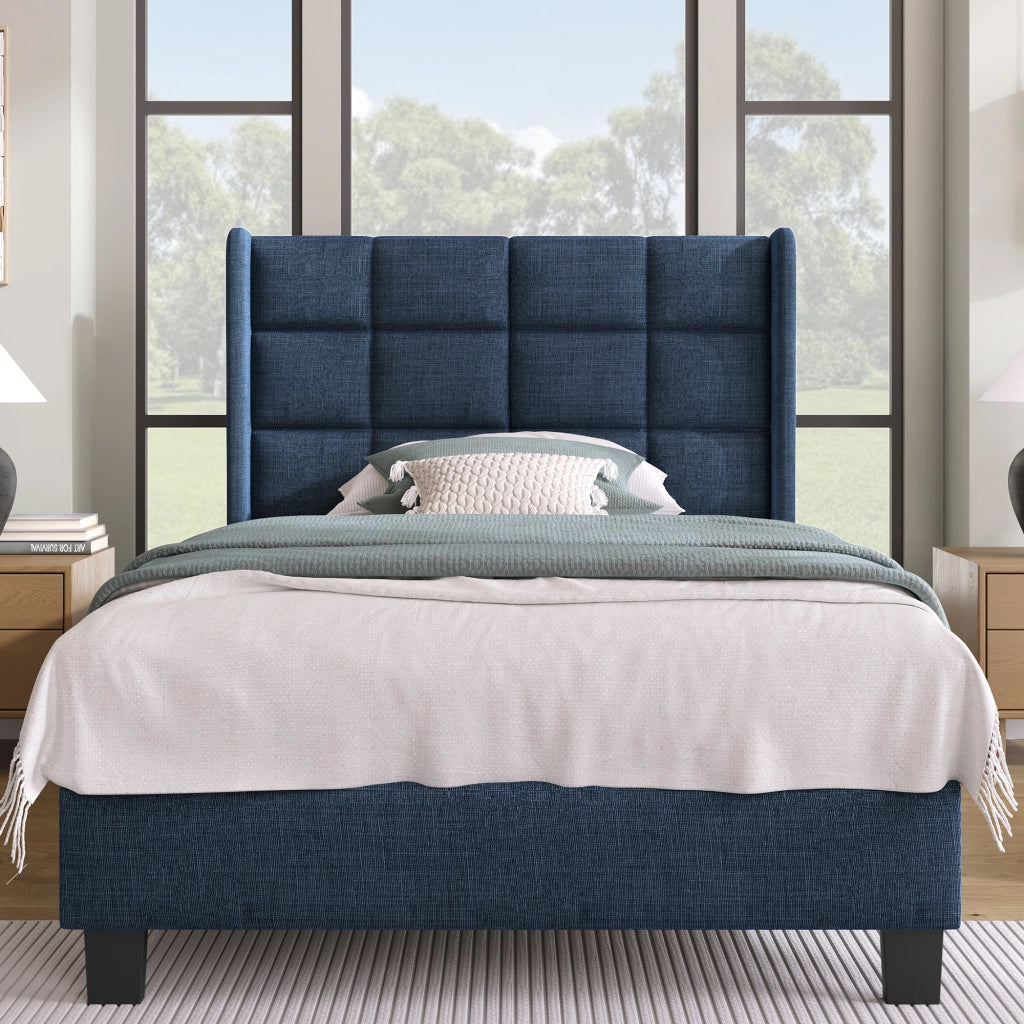 LETTO Imbottito 90x200 cm in lino blu con rete a doghe