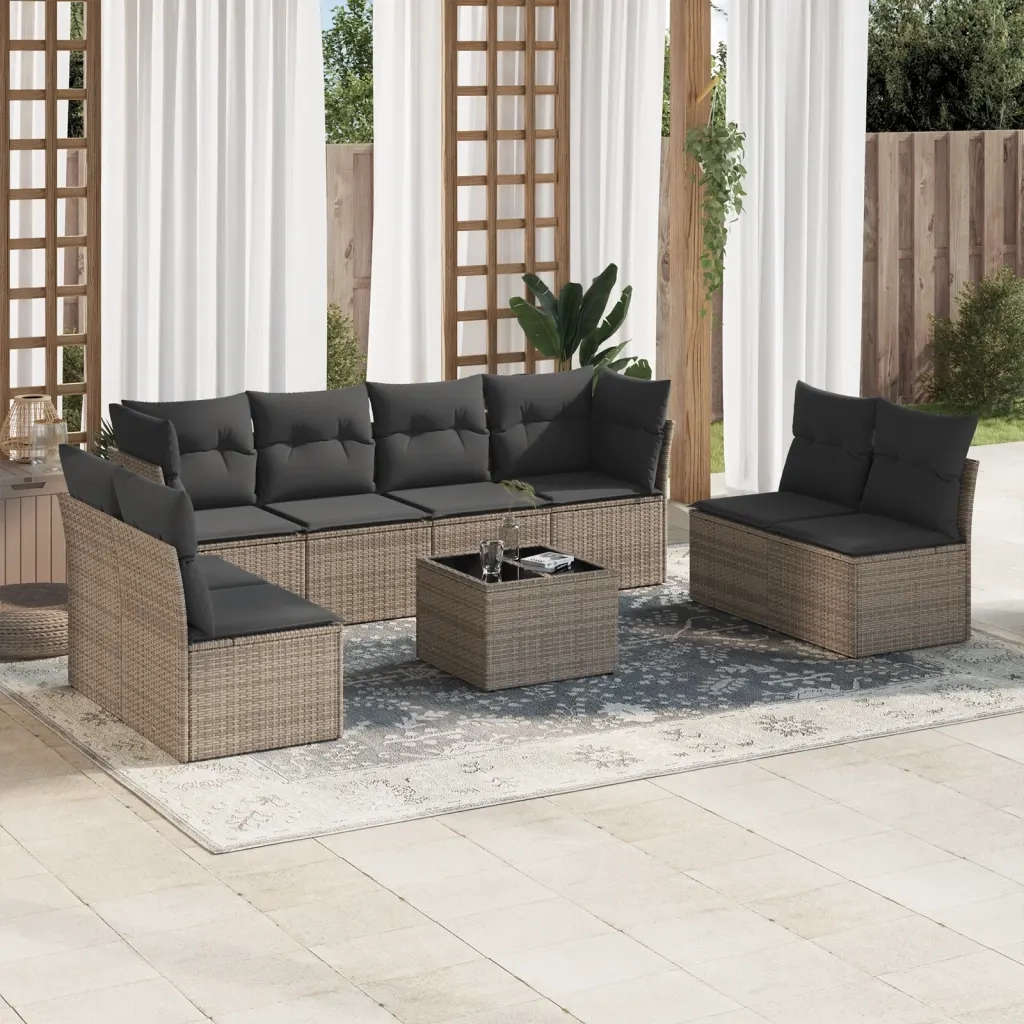 Set Divano da Giardino 9 pz con Cuscini Grigio in Polyrattan