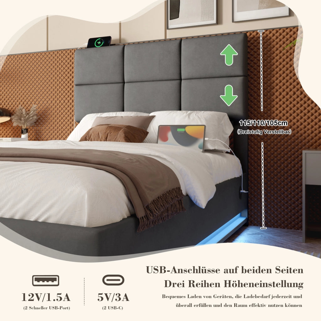 LETTO con testiera regolabile 90x200 cm velluto grigio scuro