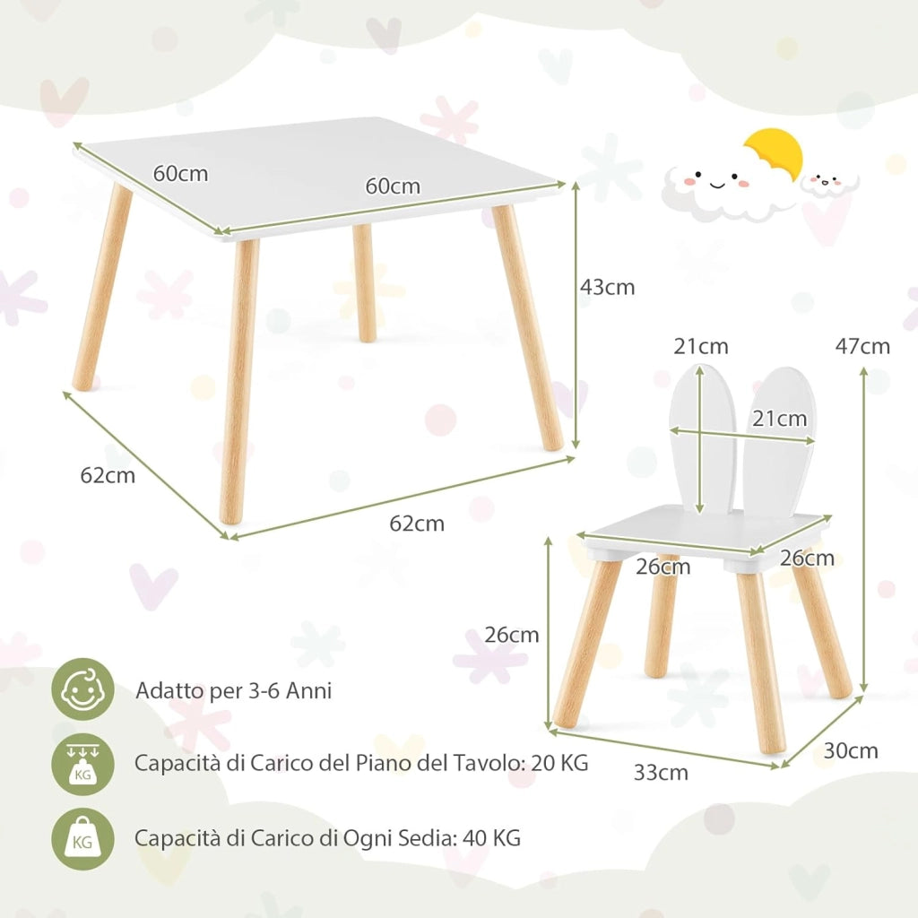 Set Tavolino Bambini con 2 Sedie a Coniglio, Set Tavolo e Sedie per Bambini con Gambe in Legno di Pino, per Bambini da 3 a 6 Anni, per Giocare, Disegnare e Leggere, Bianco