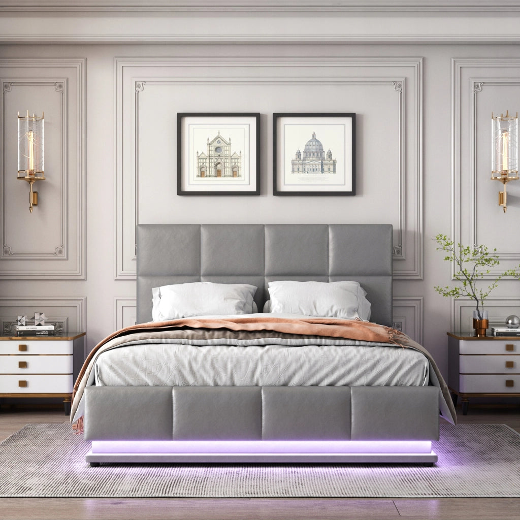 Letto imbottito 140x200 LED idraulico grigio - Xylo