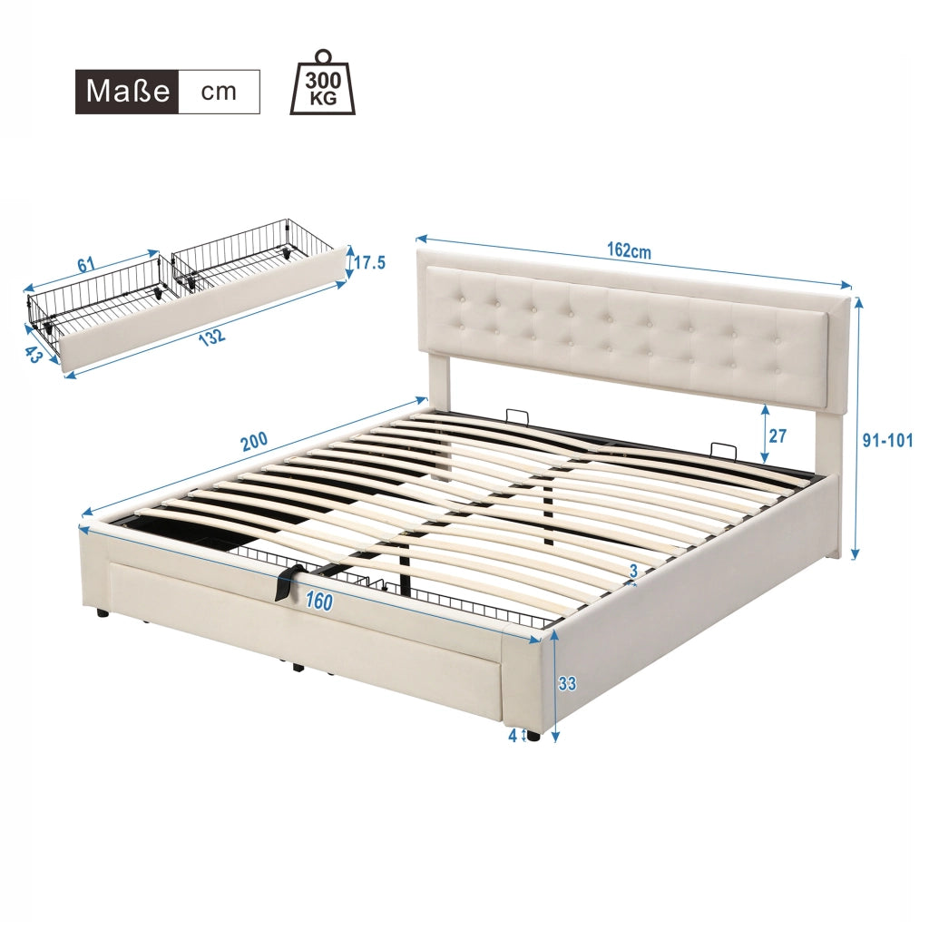 Letto contenitore – 160x200 cm – cassetti rete – velluto beige