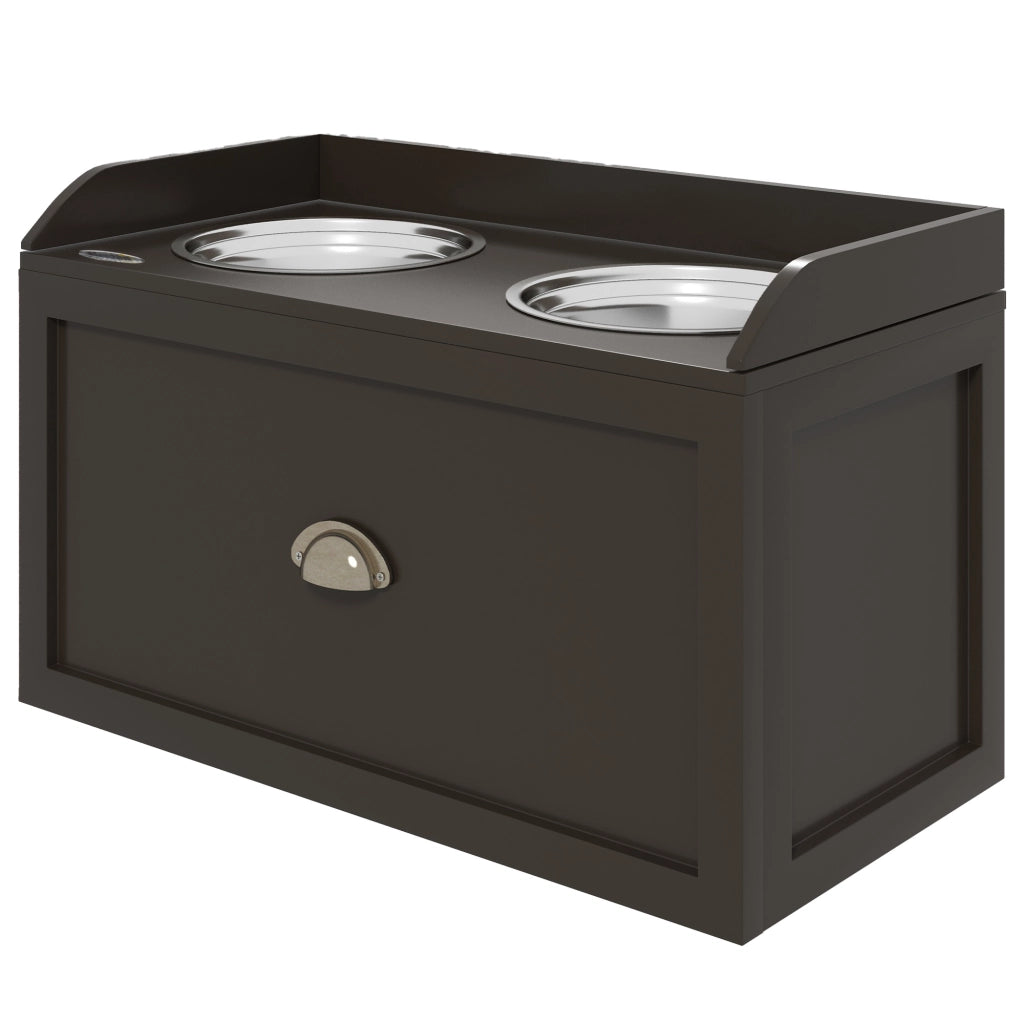Ciotole rialzate per cani con 2 ciotole in acciaio inox e vano portaoggetti ¨C Xylo ¨C 60x30x36 cm Marrone