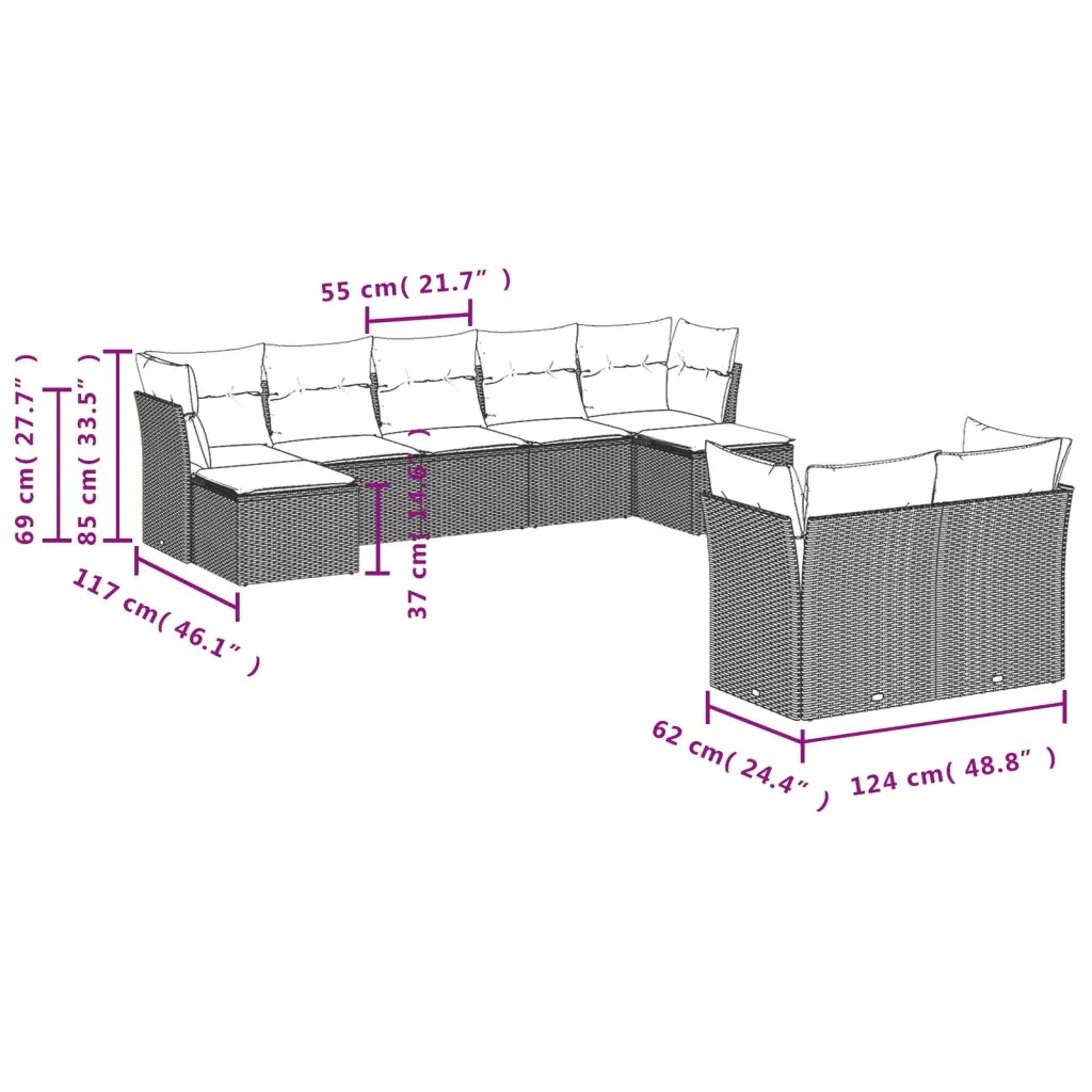 Set Divani da Giardino 9 pz con Cuscini Nero in Polyrattan