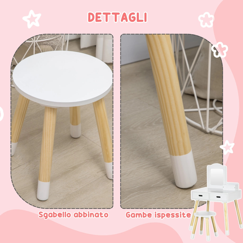 Toeletta per Bambini con Tavolo Trucco, Sgabello, Specchio e Cassetti ¨C Minimal ¨C Bianco e Legno