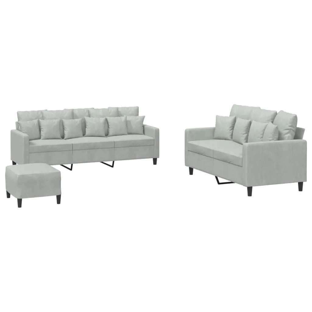 Set di Divani 3 pz con Cuscini Grigio Chiaro in Velluto