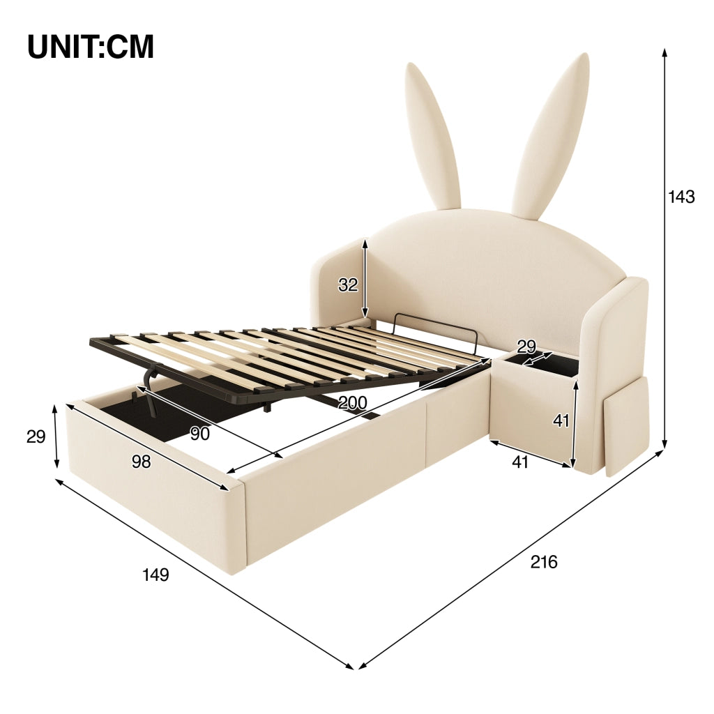 Letto Imbottito Singolo con Contenitore Idraulico e Comodino ¨C MINIMAL ¨C Velluto Beige 90x200
