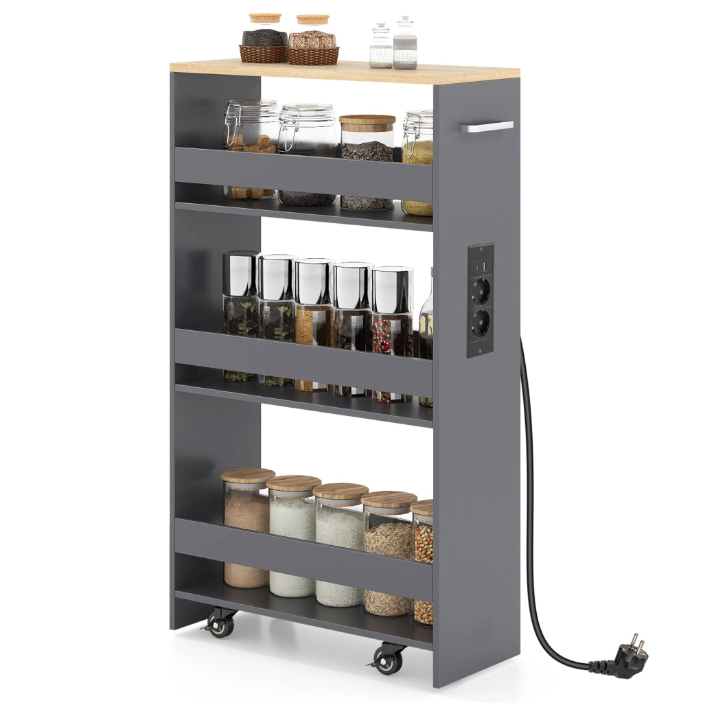 Carrello da cucina 4 ripiani con stazione di ricarica maniglia e parapetti-Scaffale stretto a sfilo con ruote bloccabili per cucina  Grigio  20cm