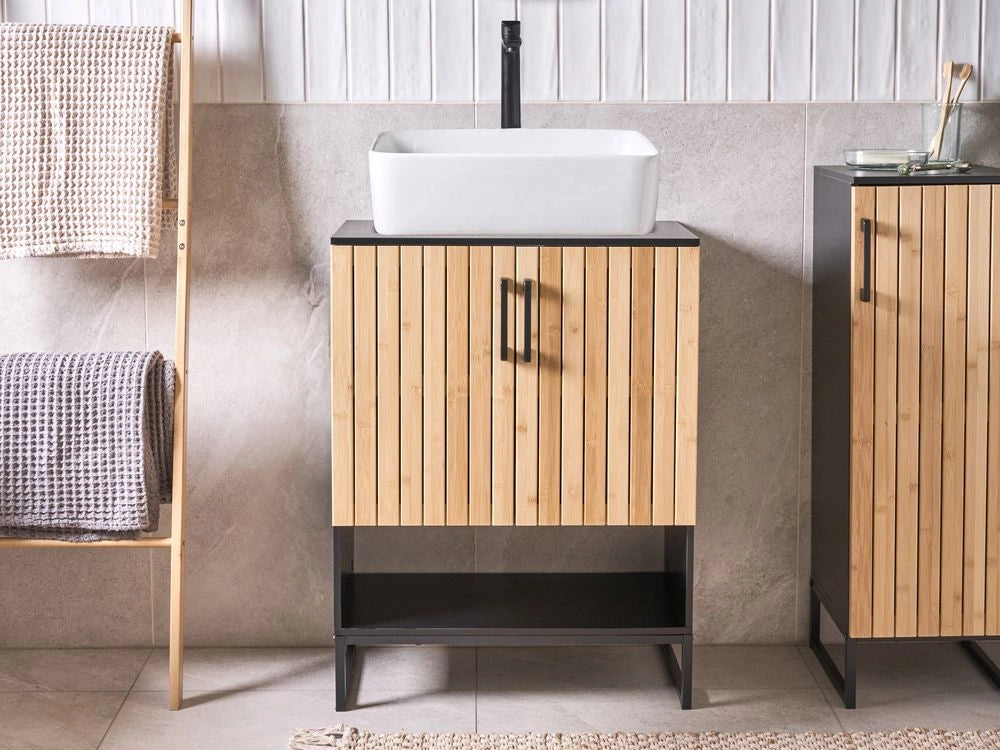 Mobile da bagno con struttura in acciaio e bambù 2 ripiani mobili da bagno neri e marrone chiaro