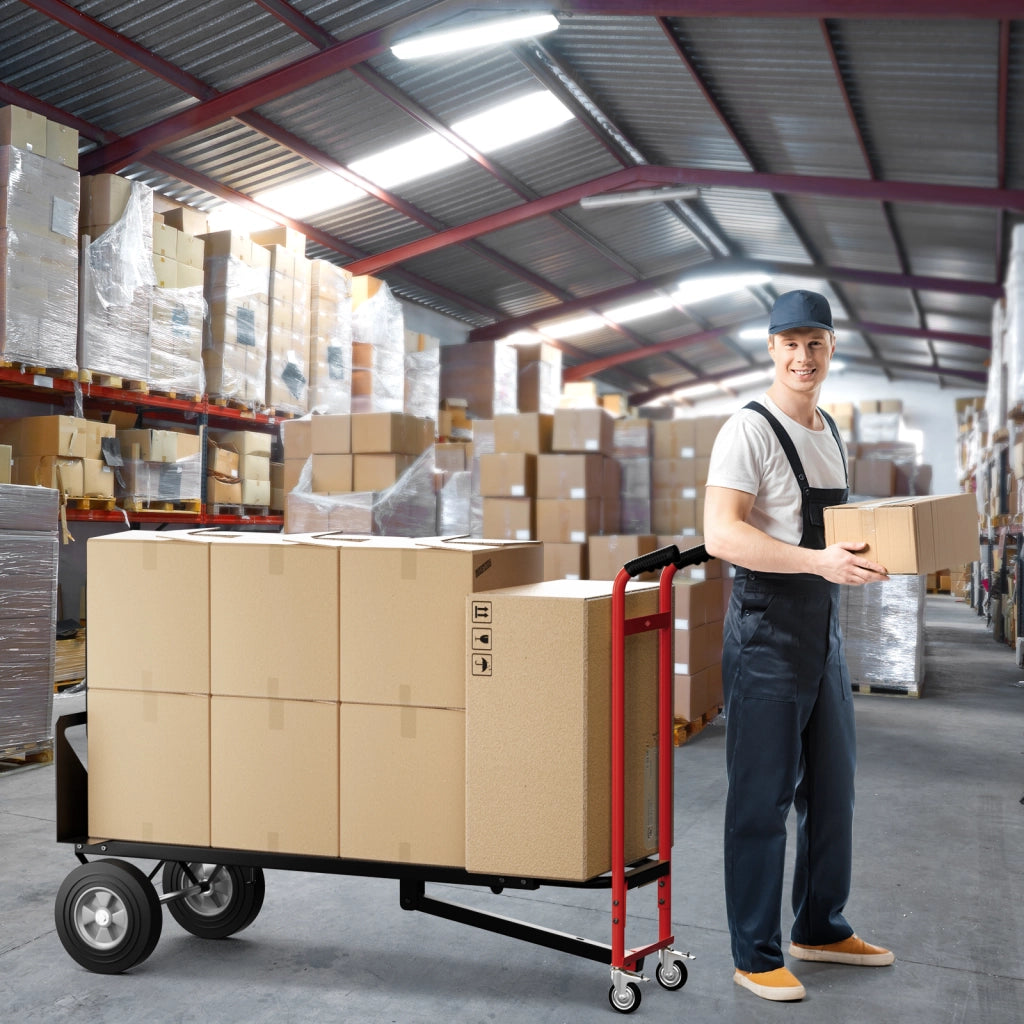 Carrello a mano convertibile con 4 ruote in gomma portata 450 kg-Carrello portapacchi 3-in-1 pieghevole Nero e rosso