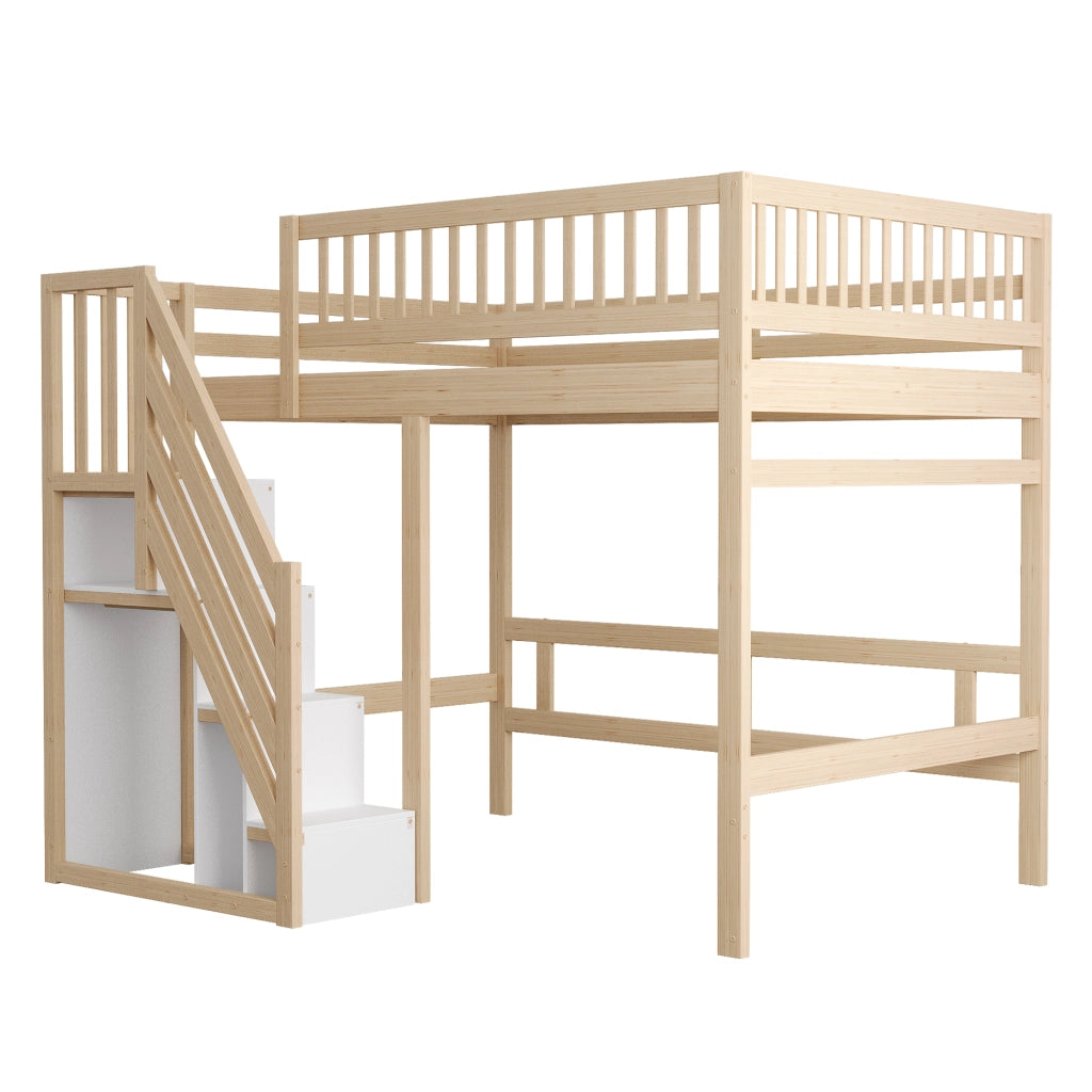 Letto a soppalco in legno massiccio 140x200 con scala contenitore e sponda alta