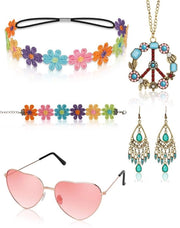 Accessori hippie 5 pezzi - Collana peace - Occhiali hippie - Orecchini - Fazzoletto da capo fiorito - Bracciale in stile anni '60/'70 - Abbigliamento hippie