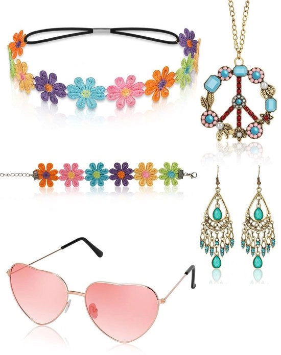 Accessori hippie 5 pezzi - Collana peace - Occhiali hippie - Orecchini - Fazzoletto da capo fiorito - Bracciale in stile anni '60/'70 - Abbigliamento hippie