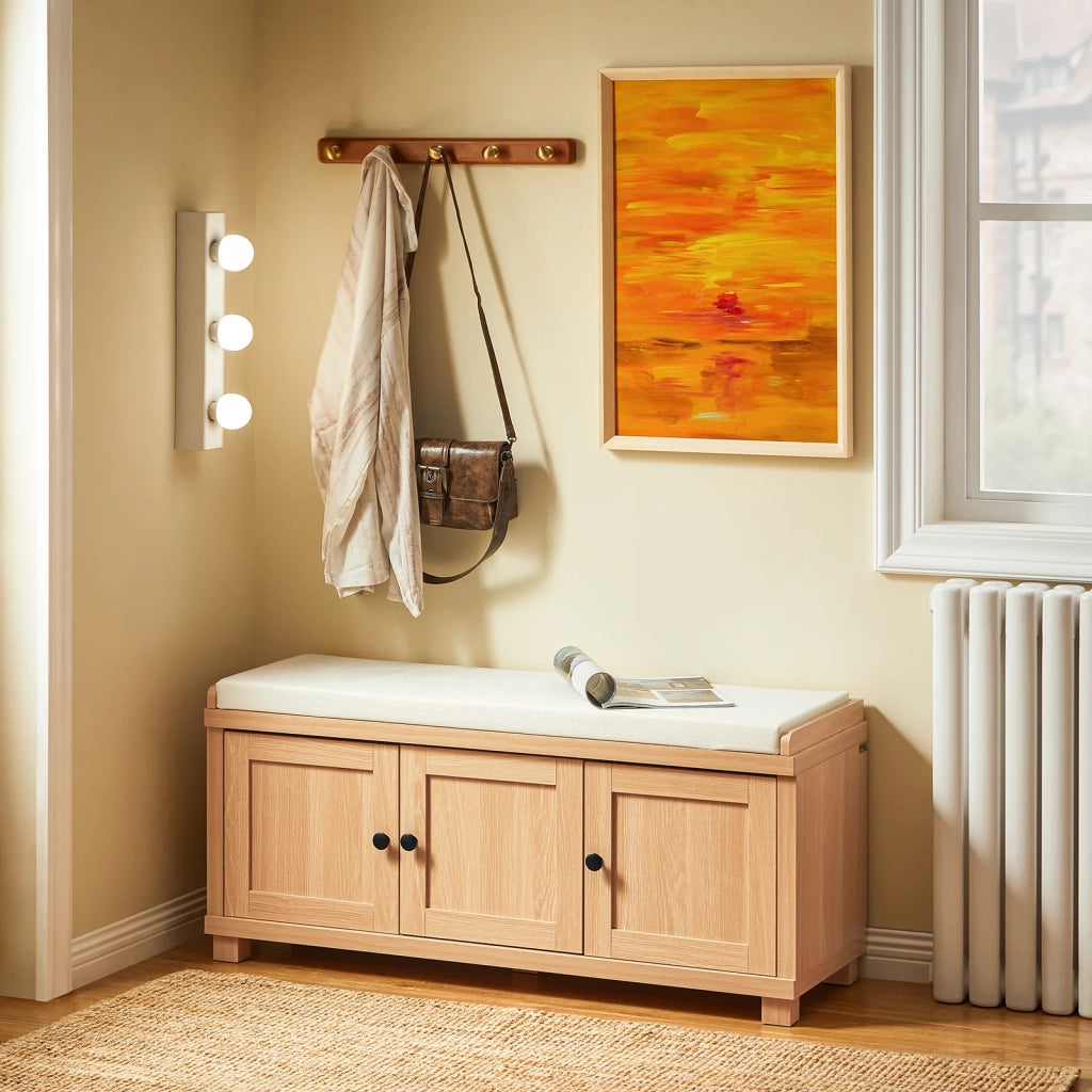 SoBuy Scarpiera da Ingresso con 3 ante, Panca Contenitore con Cuscino, Naturale, 104x35x47cm FSR188-N
