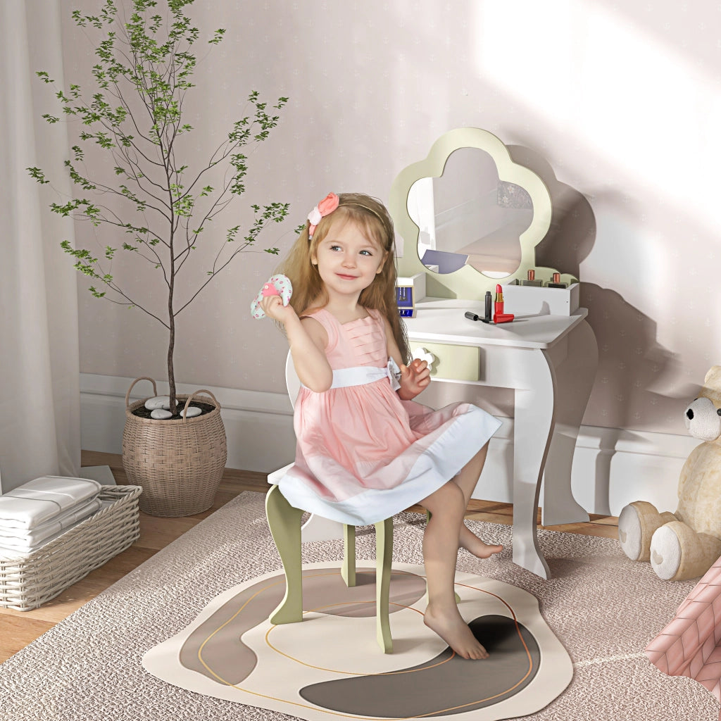 Toletta per Bambini con Specchio e Sgabello ¨C Xylo ¨C 2 Scatole 1 Cassetto 55x34x87,5cm Bianco Verde