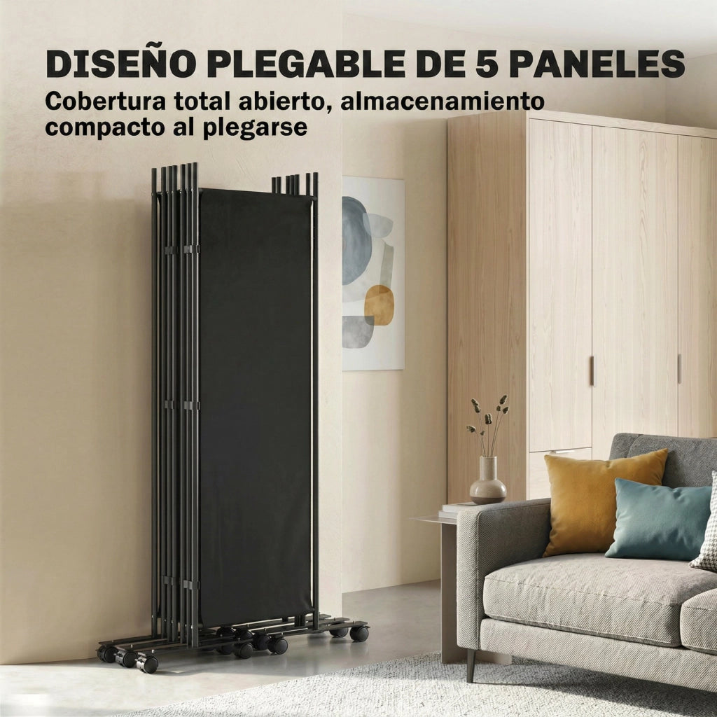 Paravento Divisorio 5 Pannelli con 12 Ruote ¨C Xylo ¨C Nero 252x170 cm