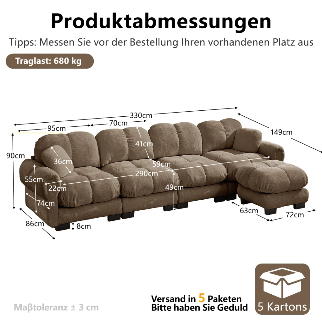 Divano angolare 4 posti - con pouf mobile e cuscino; design trapuntato - chenille marrone