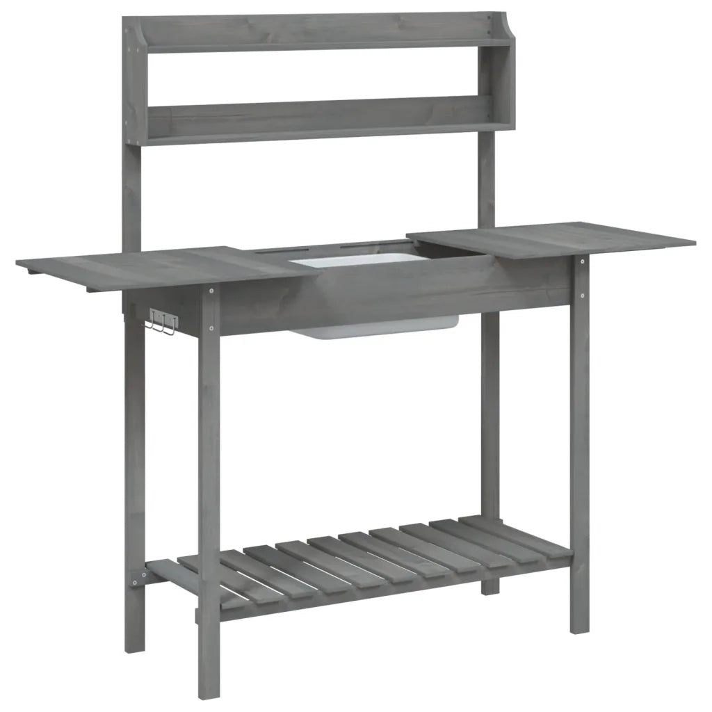 Tavolo da giardinaggio con lavello in legno massello di abete per giardino 147,5 x 44 x 139,5 cm pratico moderno grigio 02_0046209