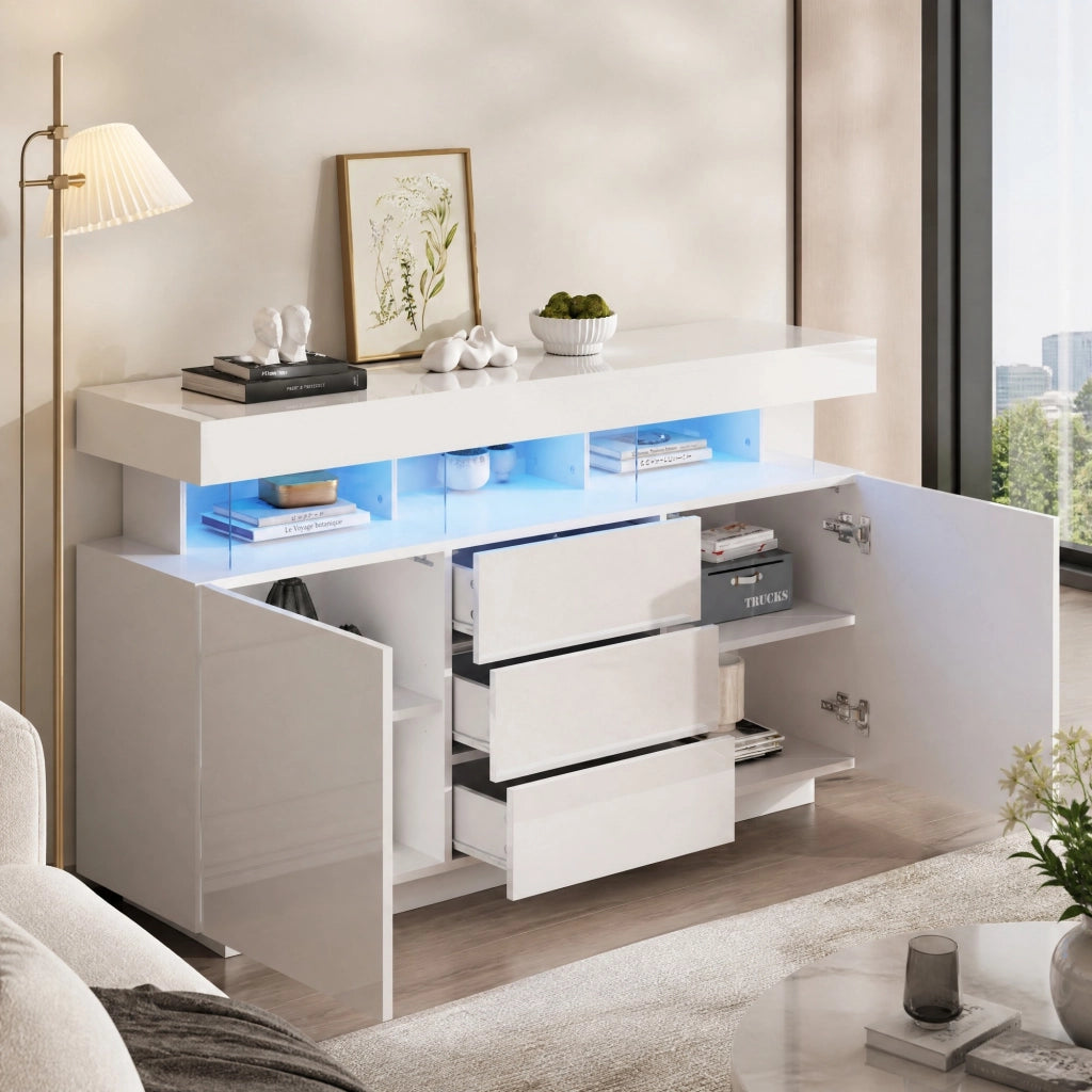 Credenza moderna lucida con LED, 3 cassetti e 2 ante, piano in acrilico, bianca, per soggiorno, 140 × 35 × 80 cm