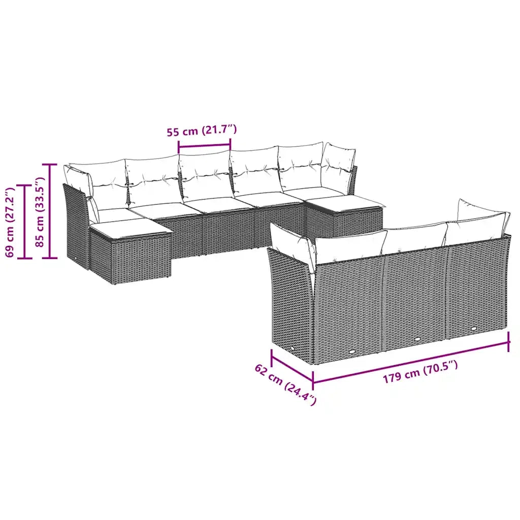 Set Divano Giardino 10 pz con Cuscini Grigio Chiaro Polyrattan 3250171