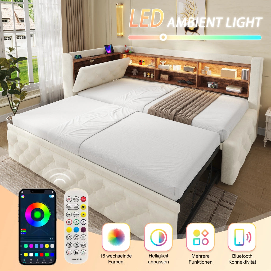 DIVANO LETTO Estraibile 90x190 cm Velluto Beige con USB e Type-C