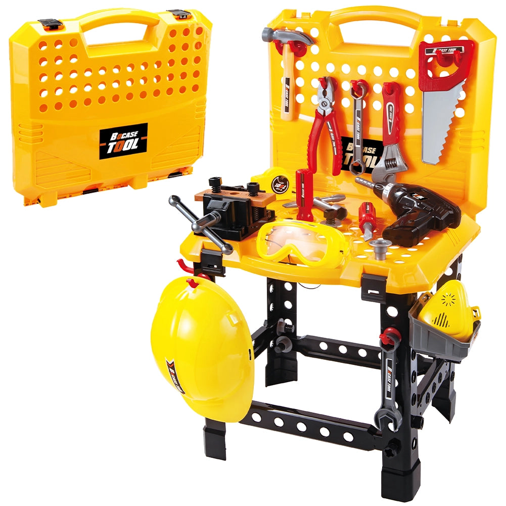 Banco per Attrezzi Fai da Te Giocattolo per Bambini Trasformabile in Valigetta con Accessori Giallo