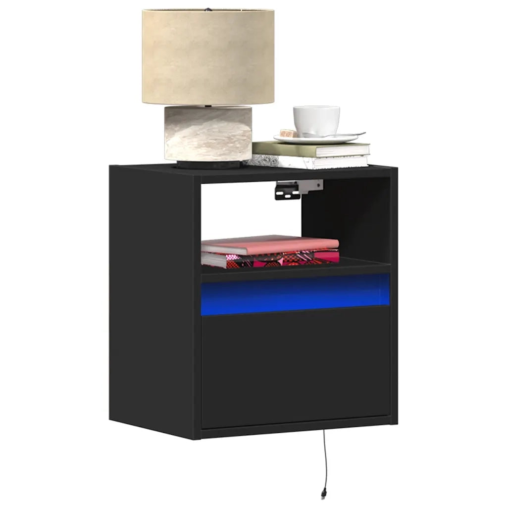 Set di 2 Comodini | Armadio da Notte | Mobiletto da notte a Parete con Luci LED Neri