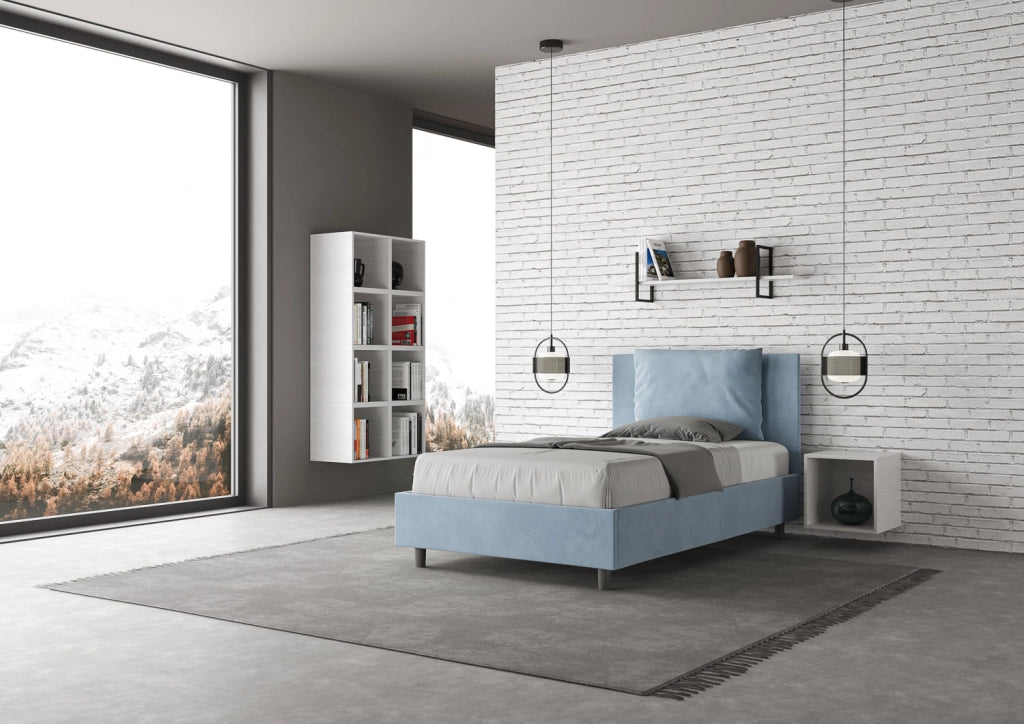 BS COM Letto una piazza e mezza con rete imbottito 120x190 microfibra azzurro