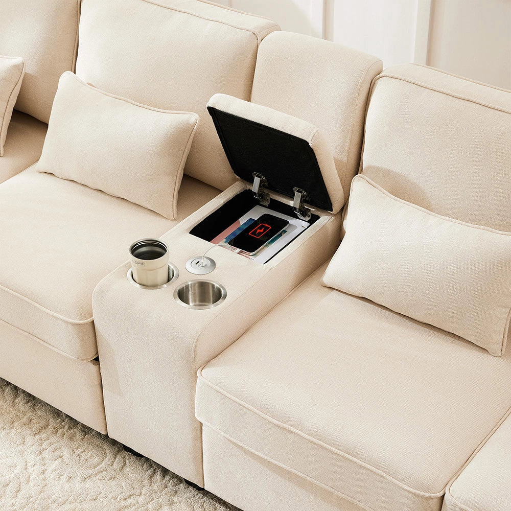 Divano 4 posti - Xylo - in lino con console 2 USB tasche braccioli